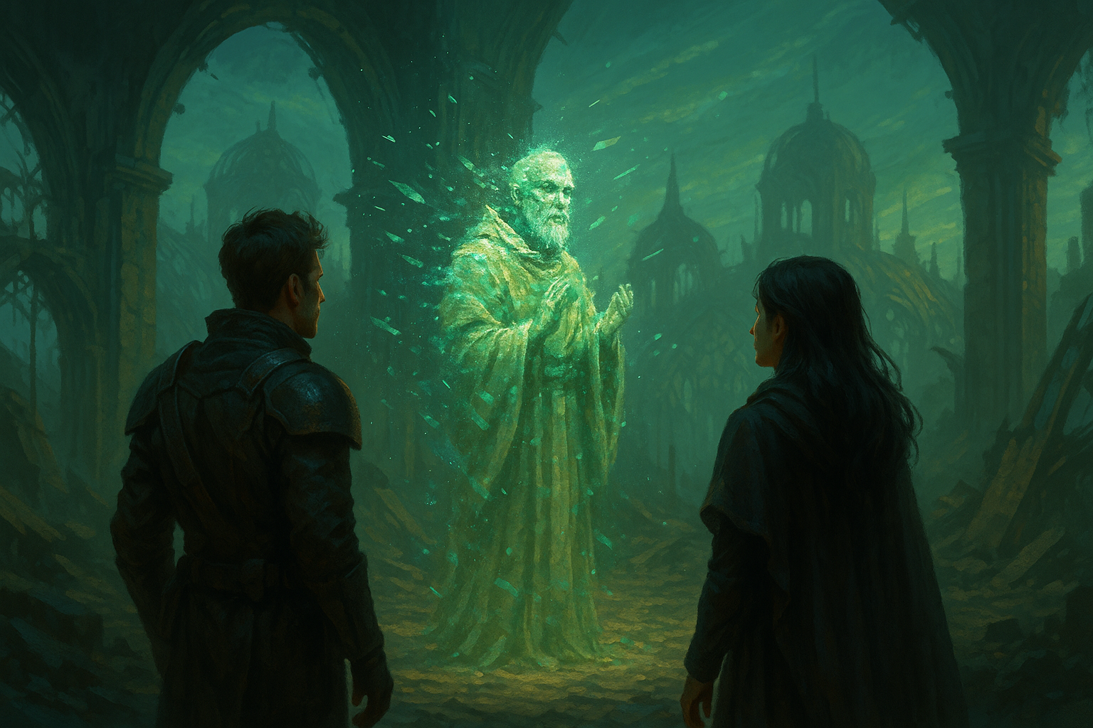 An ghostly figure, translucent green, appearing to male and female figures. The male aq female figures have their backs to the observer. Thecene takes place on a desert planet. Old decrepir buildings can be seen in the backgrouns.