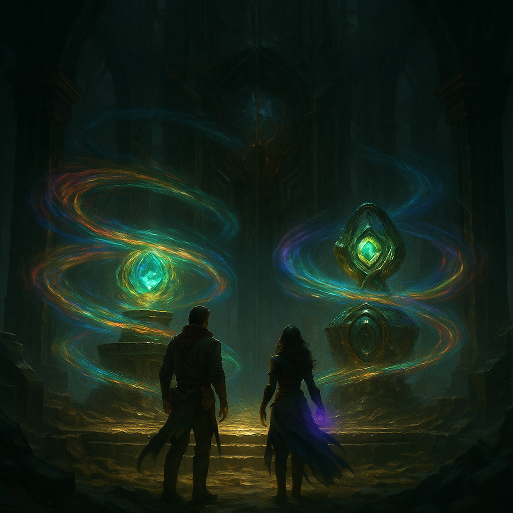 Two silhouetted figures, one male one female, stand looking up at two relice floating in the air ablove them. Both relics are green and glowing.