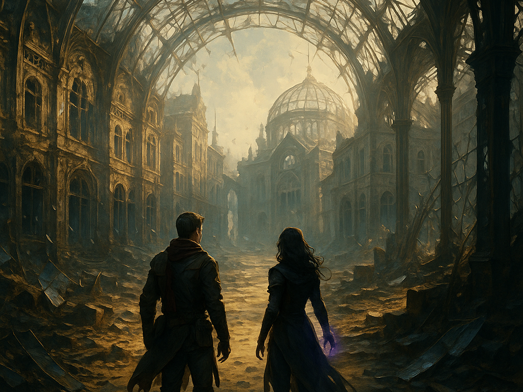 Two silhouetted figures, one male one female, stand looking out at a post apocolyptic landscape of decrepit buildings and broken glass.