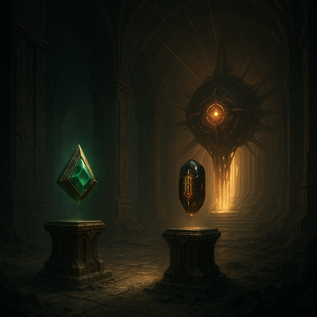 Three Mysterious Relics, in the Vault of the ancients on rescalia. Thre green Primus Stone, The oval Stone of Sorrows, and the Flowbreaker in the background. The stones are floating the air. One is triangluar, the other is oval. The triangular relic is green. The oval relic is yellow. Both glow slightly.