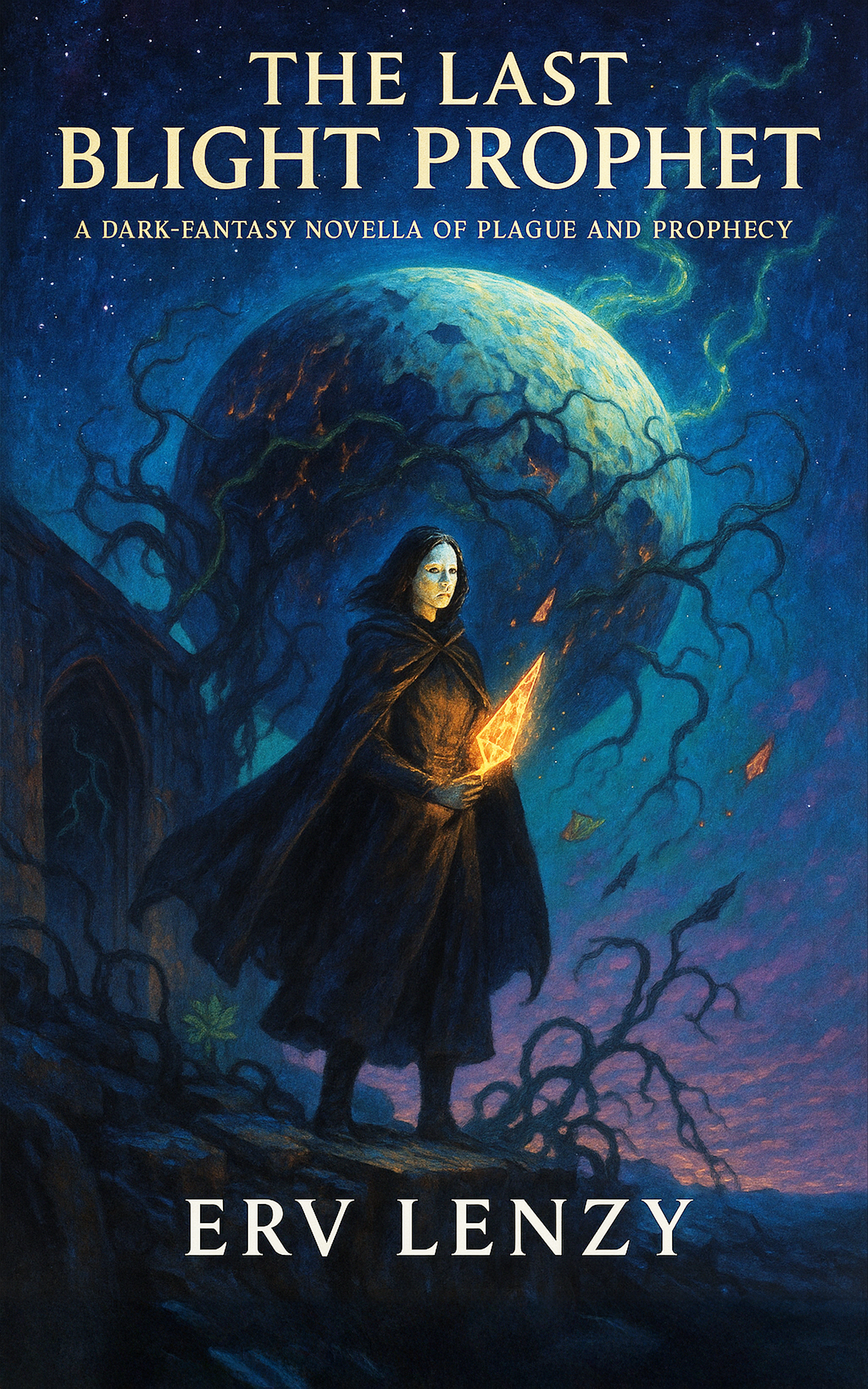 An android, a female humanoid, stands on a dark planet infected by the blight.