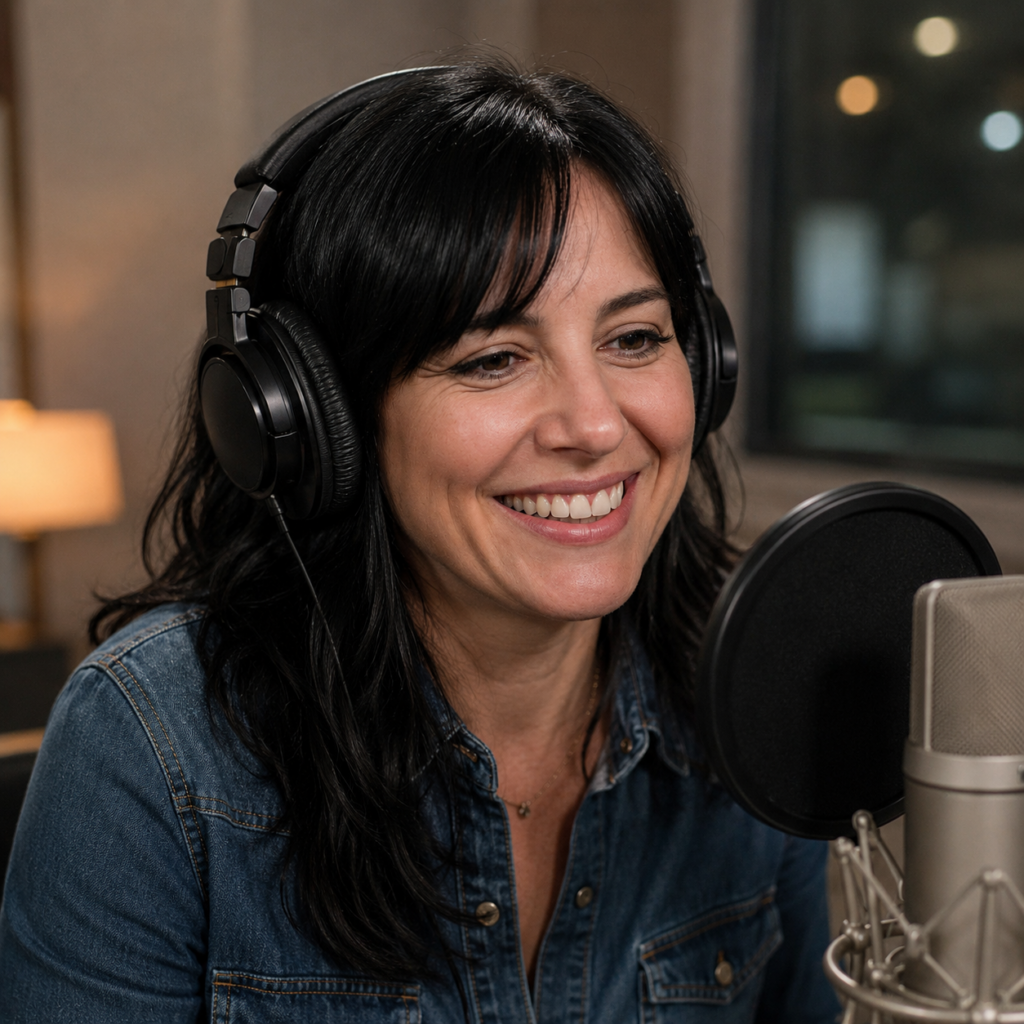 female behind a microphone smiling